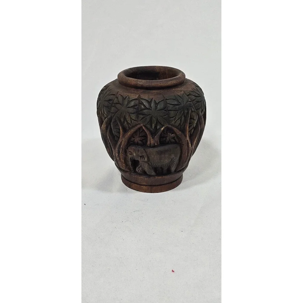 Vtg 1970s hand Carved Wooden Vessel Bowl Vase Elephants safari‎ jungle African